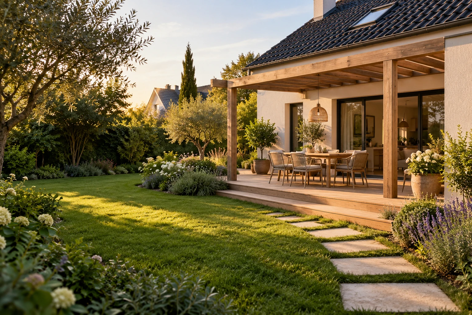 Terrasse en bois avec espace repas