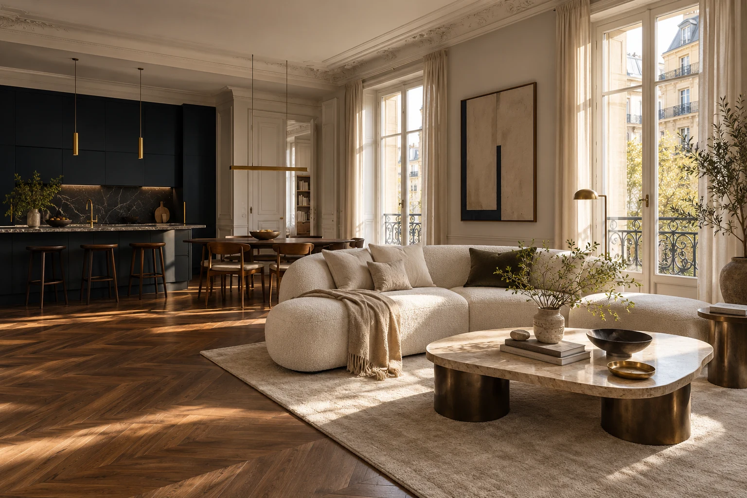 Intérieur contemporain chaleureux avec canapé clair, parquet et menuiseries en bois